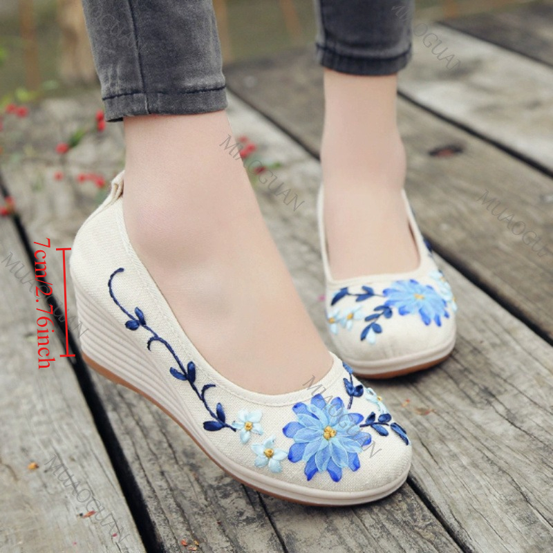Vintage Fashion Heels - Sepatu Platform Wedge Nyaman Wanita Bordir,