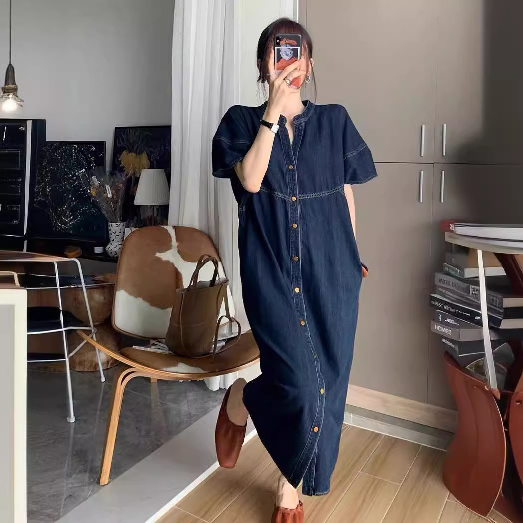 French Vintage Fashion - Gaun Denim Panjang Longgar Vintage Prancis