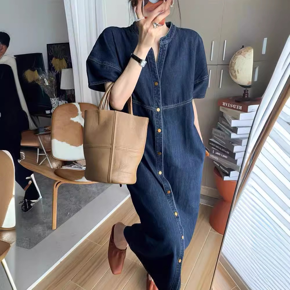 Gaun Denim Panjang Longgar Vin - French Vintage Fashion ulasan dan harga